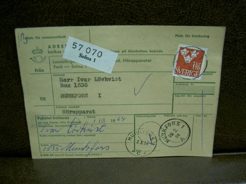 Paketavi med stämplade frimärken - 1964 - Solna 1 till Munkfors 1