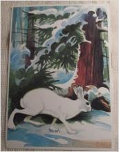 Oskrivet vykort med skogsmotiv och vit hare