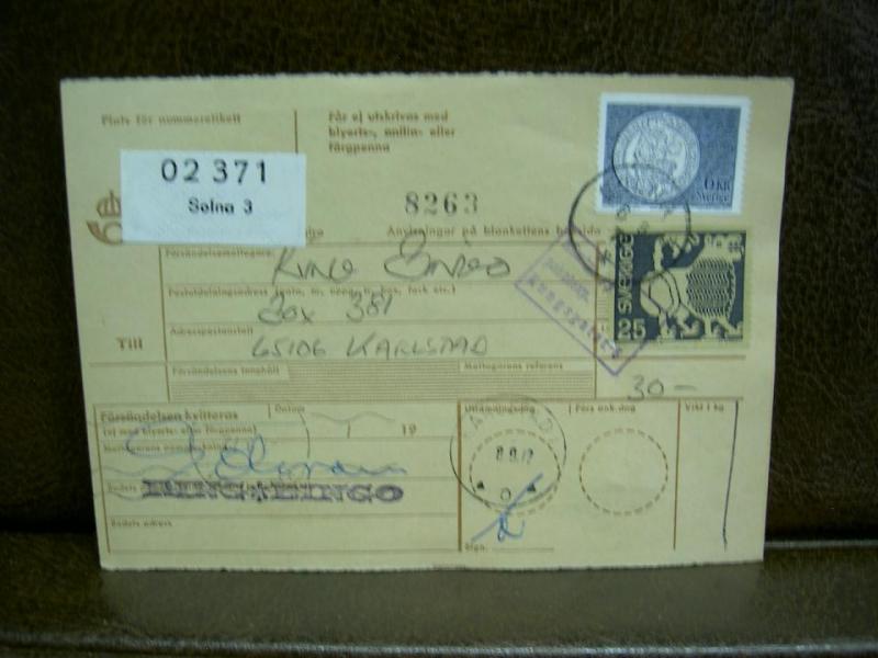 Paketavi med stämplade frimärken - 1972 - Solna 3 till Karlstad 1