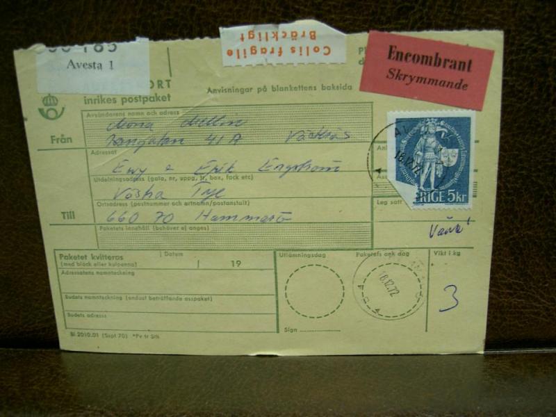 Skrymmande + Bräckligt + Paketavi med stämplade frimärken - 1972 - Avesta 1 till Hammarö