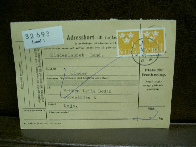 Paketavi med stämplade frimärken - 1961 - Lund 1 till Deje