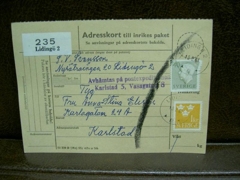 Paketavi med stämplade frimärken - 1961 - Lidingö 2 till Karlstad