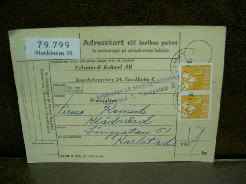 Paketavi med stämplade frimärken - 1961 - Stockholm 16 till Karlstad