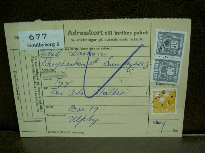 Paketavi med stämplade frimärken - 1961 - Sundbyberg 6 till Ulvsby