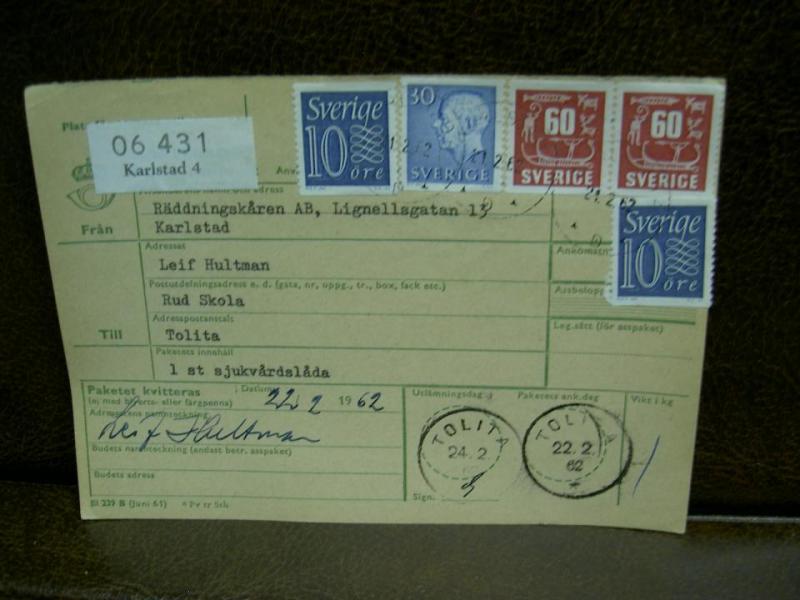 Paketavi med 5 st stämplade frimärken - 1962 - Karlstad 4 till Tolita