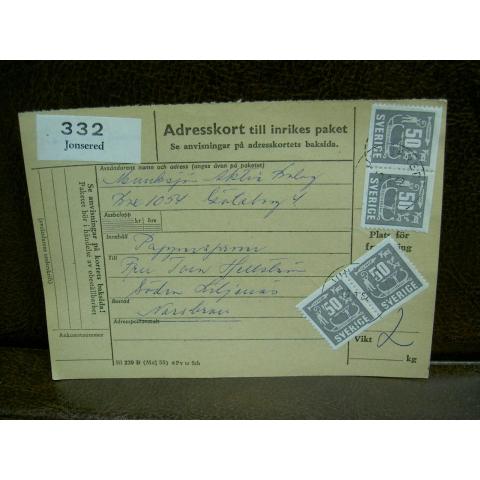 Paketavi med stämplade frimärken - 1962 - Jonsered till Norsbron
