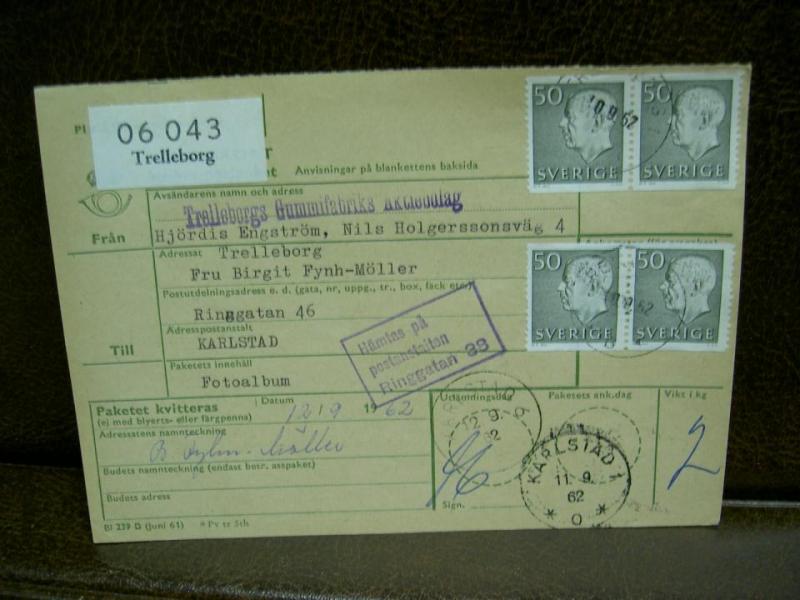 Paketavi med stämplade frimärken - 1962 - Trelleborg till Karlstad