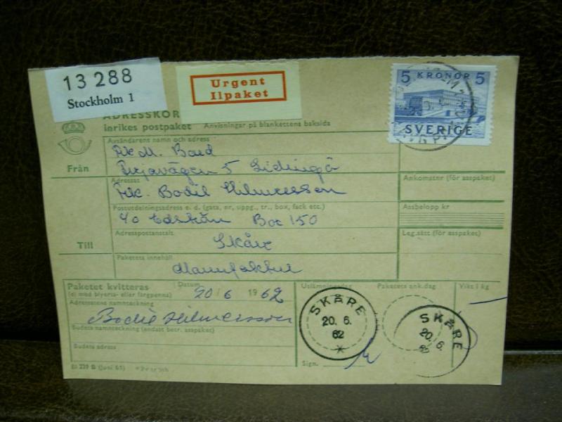 Ilpaket + Paketavi med stämplade frimärken - 1962 - Stockholm 1 till Skåre