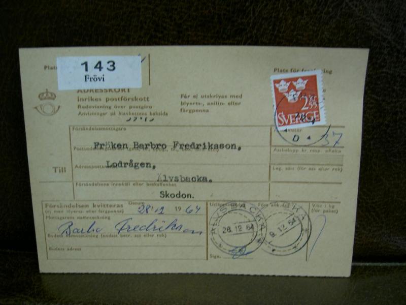 Paketavi med stämplade frimärken - 1964 - Frövi till Älvsbacka