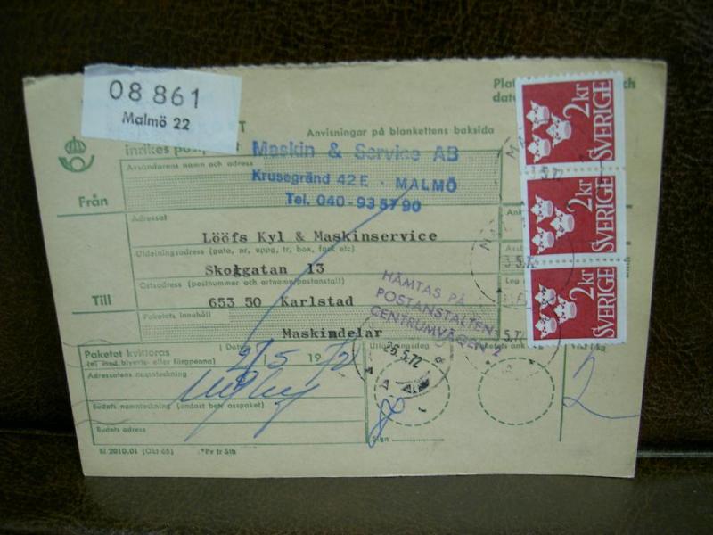 Paketavi med stämplade frimärken - 1964 - Malmö 22 till Karlstad