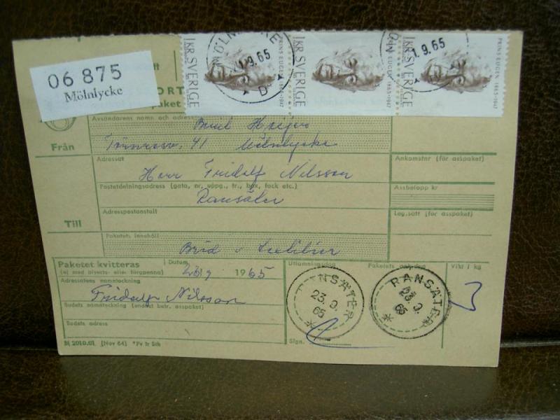 Paketavi med stämplade frimärken - 1965 - Mölnlycke till Ransäter