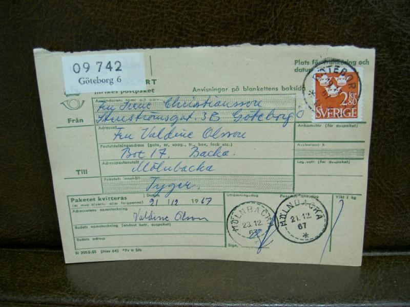 Paketavi med stämplade frimärken - 1967 - Göteborg 6 till Mölnbacka