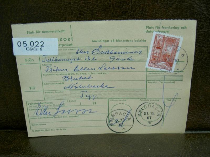 Paketavi med stämplade frimärken - 1967 - Gävle 6 till Mölnbacka