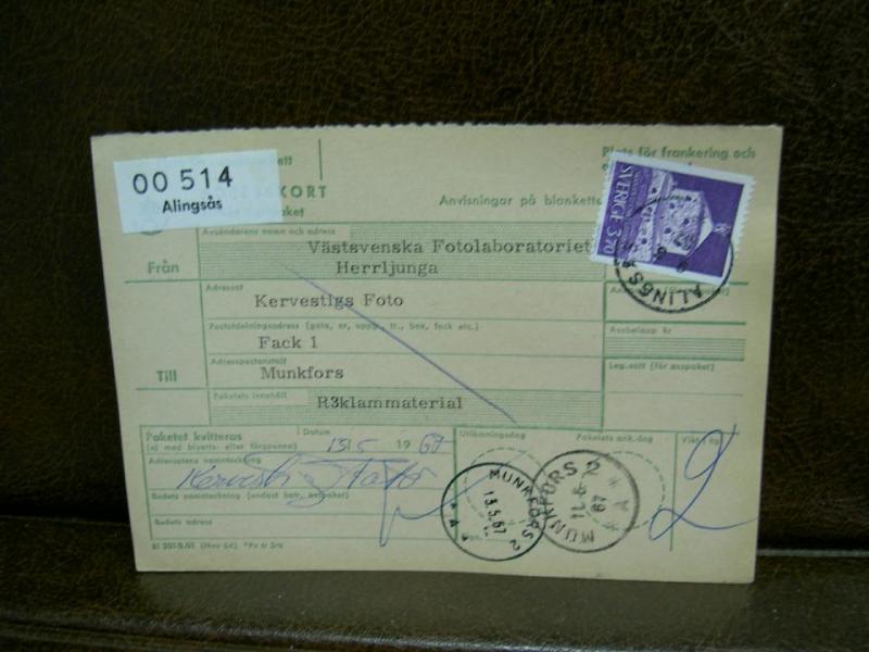 Paketavi med stämplade frimärken - 1967 - Alingsås till Munkfors
