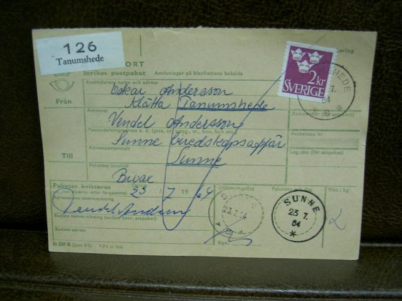 Paketavi med stämplade frimärken - 1964 - Tanumshede till Sunne