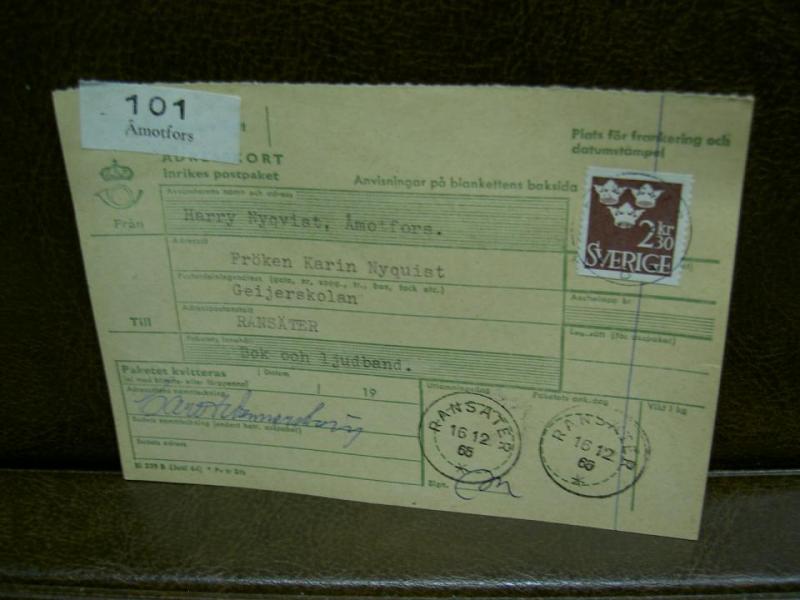 Paketavi med stämplade frimärken - 1965 - Åmotfors till Ransäter