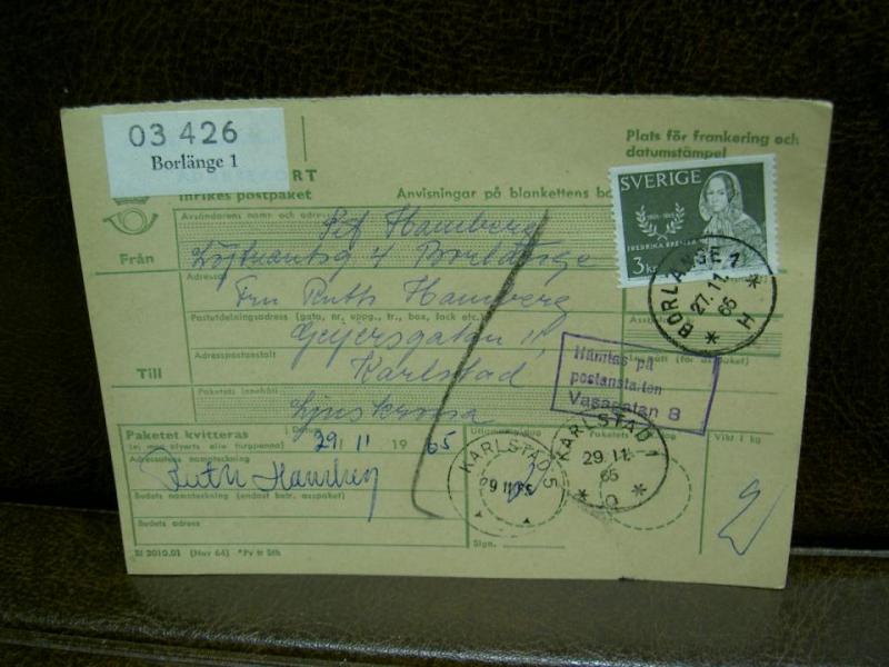Paketavi med stämplade frimärken - 1965 - Borlänge 1 till Karlstad