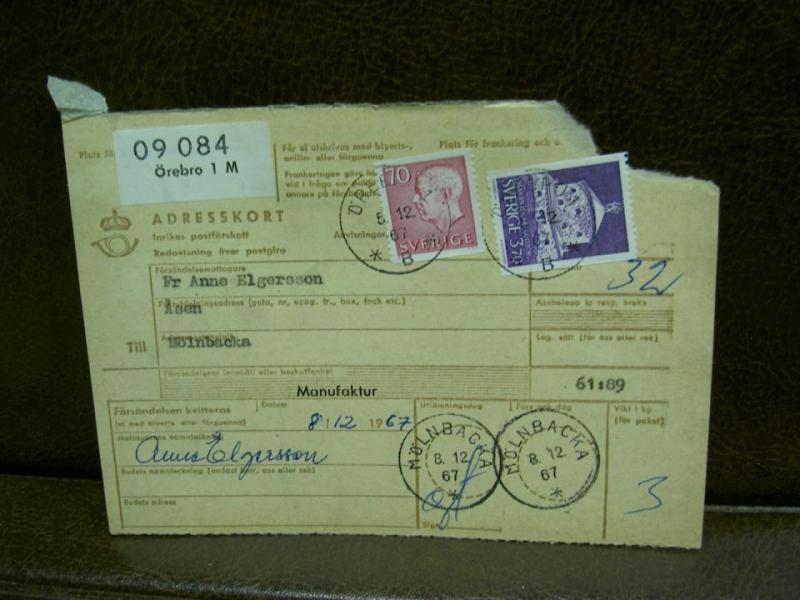 Paketavi med stämplade frimärken - 1967 - Örebro 1 till Mölnbacka