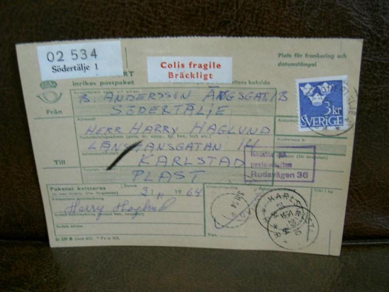 Bräckligt + Paketavi med stämplade frimärken - 1964 - Södertälje 1 till karlstad