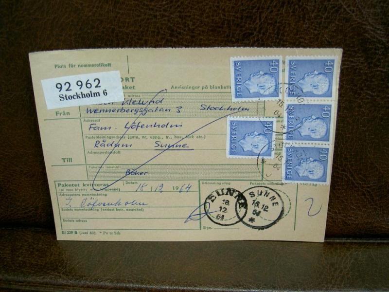 Paketavi med 5 st stämplade frimärken - 1964 - Stockholm 6 till Sunne