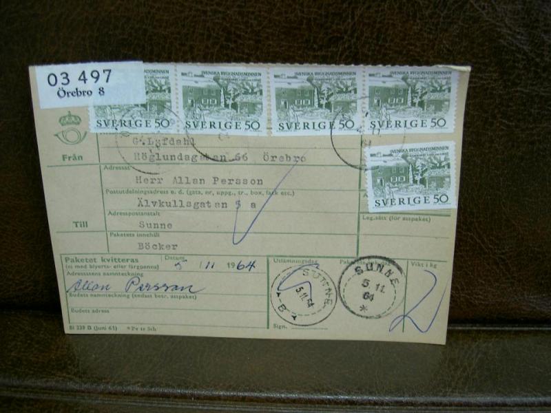 Paketavi med 5 st stämplade frimärken - 1964 - Örebro 8 till Sunne