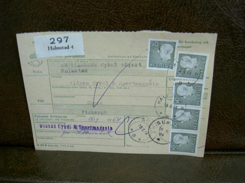 Paketavi med 5 st stämplade frimärken - 1964 -  Halmstad 4 till Sunne
