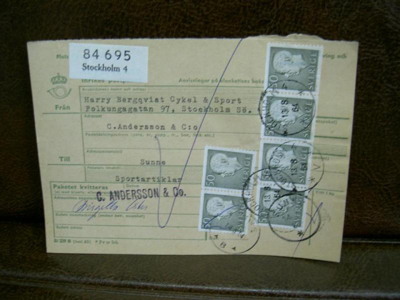 Paketavi med 6 st stämplade frimärken - 1964 -  Stockholm 4 till Sunne