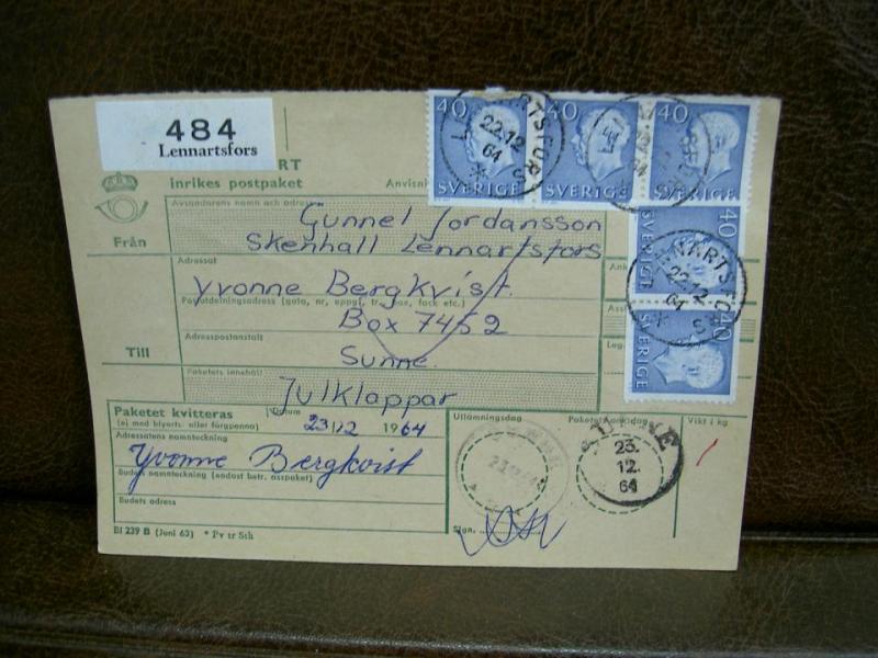 Paketavi med 5 st stämplade frimärken - 1964 -  Lennartsfors till Sunne
