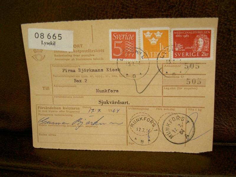 Paketavi med stämplade frimärken - 1964 - Lysekyl till Munkfors