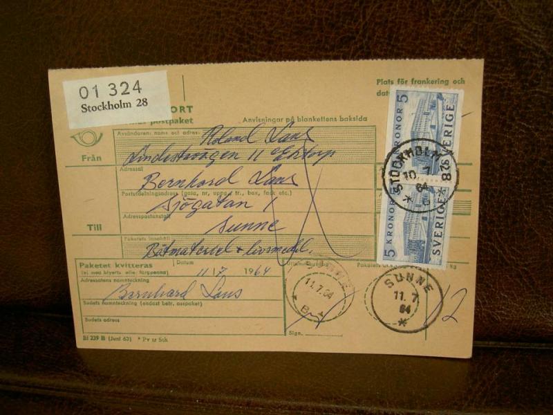 Paketavi med stämplade frimärken - 1964 - Stockholm 28 till Sunne