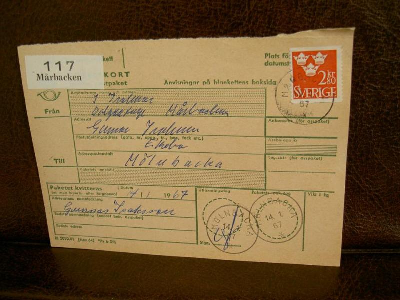 Paketavi med stämplade frimärken - 1967 - Mårbacken till Mölnbacka