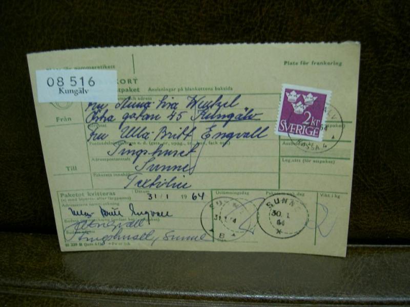 Paketavi med stämplade frimärken - 1964 - Kungälv till Sunne