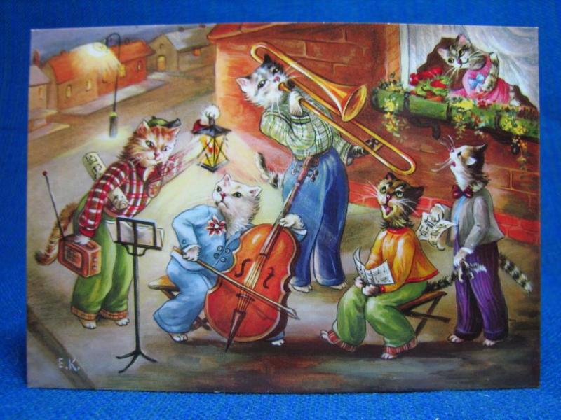 Vykort - Katt - Katter som spelar instrument och sjunger / Signerad: E.K.
