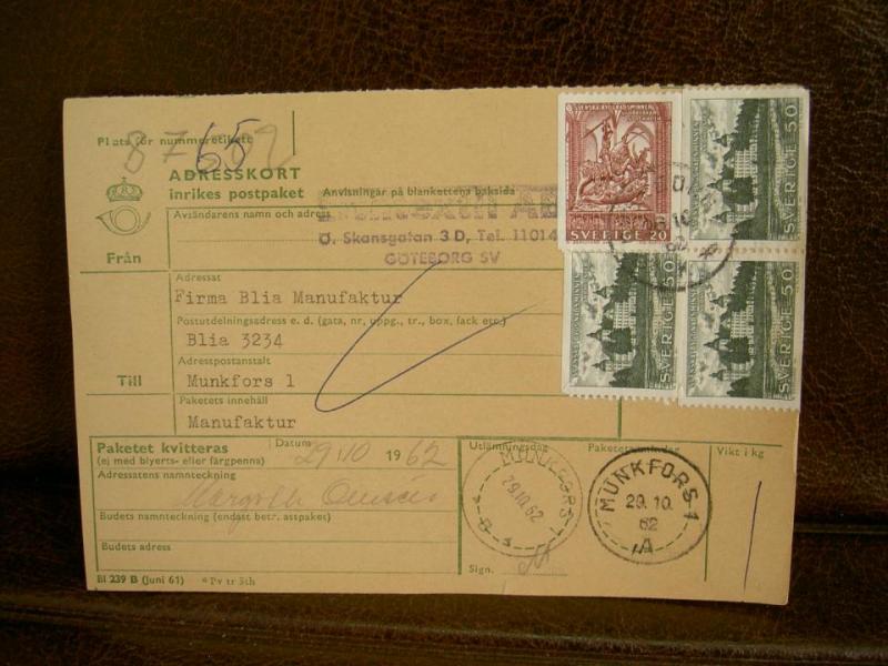 Paketavi med stämplade frimärken - 1962 - Göteborg till Munkfors