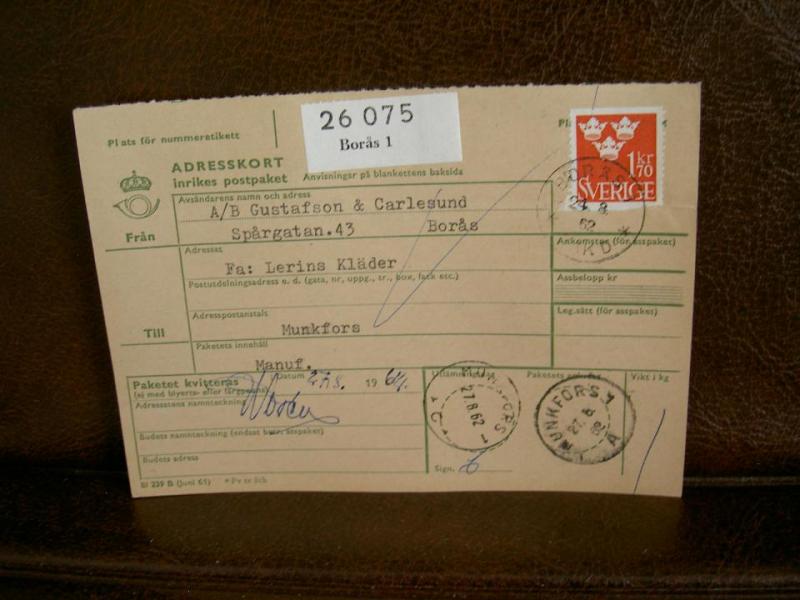 Paketavi med stämplade frimärken - 1962 - Borås 1 till Munkfors