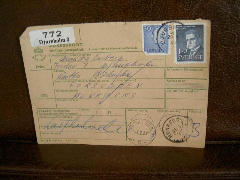 Paketavi med stämplade frimärken - 1962 - Djursholm 3 till Munkfors
