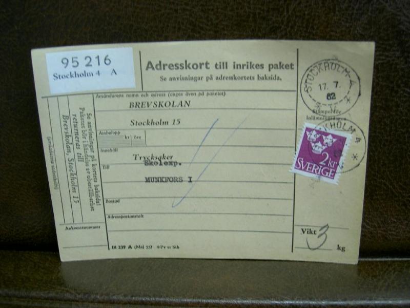 Paketavi med stämplade frimärken - 1962 - Stockholm 4 till Munkfors