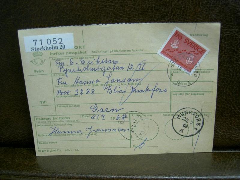 Paketavi med stämplade frimärken - 1962 - Stockholm 20 till Munkfors