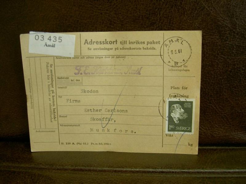 Paketavi med stämplade frimärken - 1961 - Åmål till Munkfors