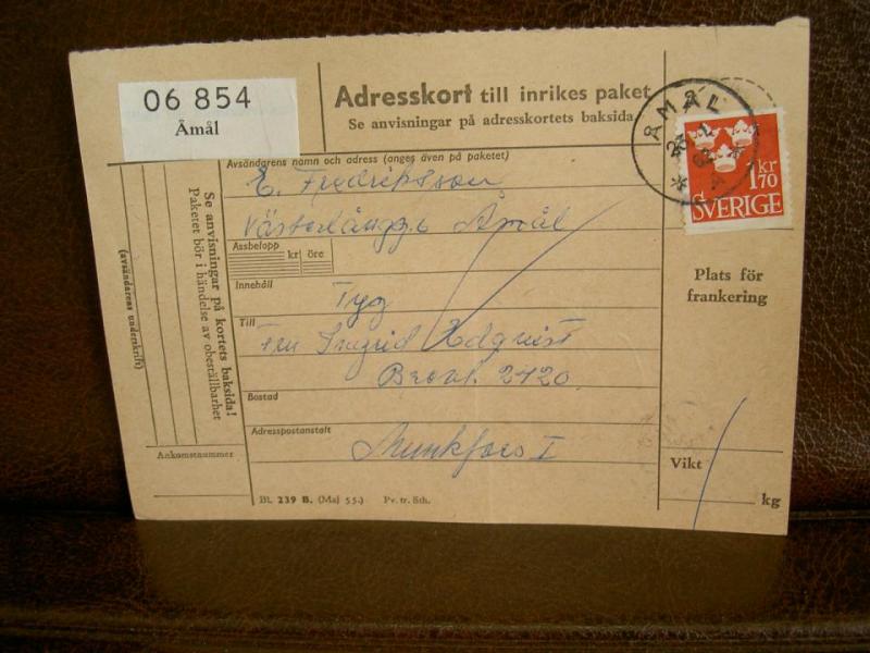 Paketavi med stämplade frimärken - 1962 - Åmål till Munkfors