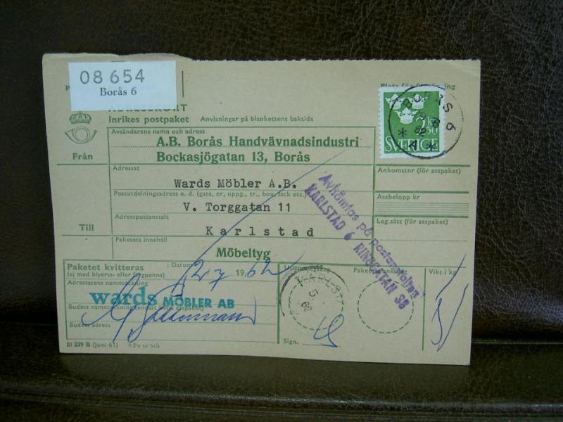 Paketavi med stämplade frimärken - 1962 - Borås 6 till Karlstad