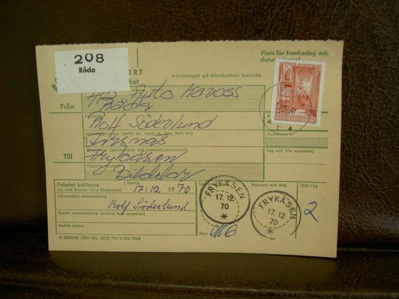 Paketavi med stämplade frimärken - 1970 - Råda till Frykåsen
