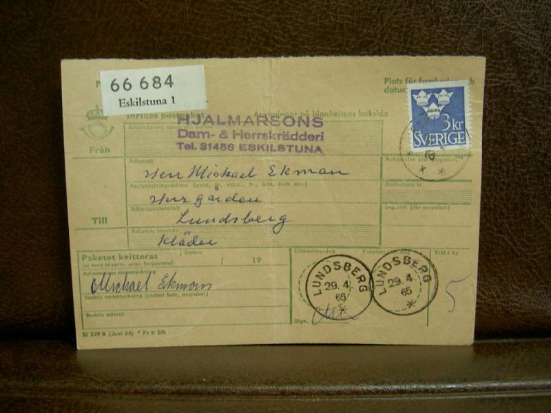 Frimärken  på adresskort - stämplat 1965 - Eskilstuna 1 - Lundsberg