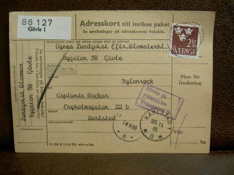 Frimärken  på adresskort - stämplat 1965 - Gävle 1 - Karlstad