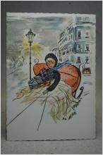 Flicka i släde - Germany - Gammal vykort - från 1960-talet - Signerat 