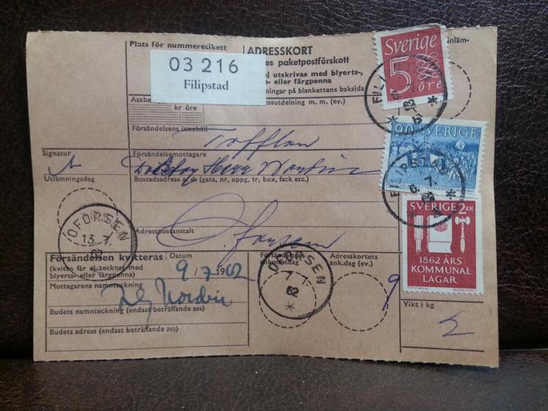 Frimärke på adresskort - stämplat 1962 - Filipstad - Oforsen
