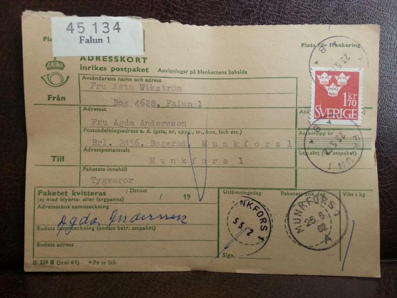 Frimärken på adresskort - stämplat 1962 - Falun 1 - Munkfors 1