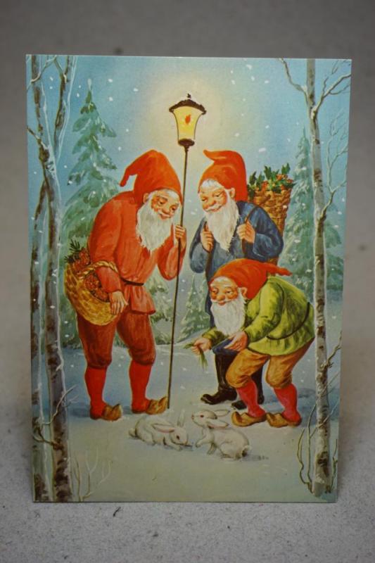 Julkort - Tre Tomtar och 2 kaniner - Oskrivet vykort