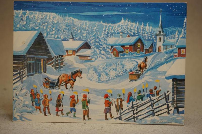 Julkort  - Oskrivet vykort - Fackeltåg av Ingvar Holmqvist