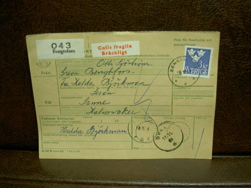 Paketavi med bräckligt + stämplade frimärken - 1964 - Bengtsfors till Sunne
